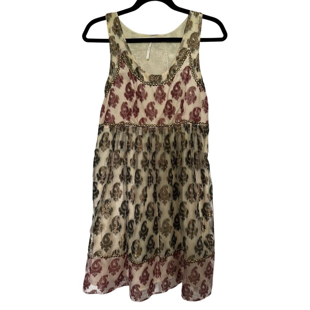 NWT Free People metallic studded paisley babydoll mini dress in champagne size 4